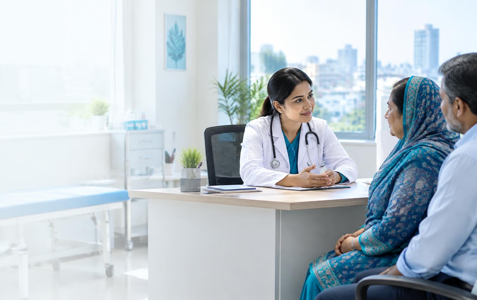 A doctor speaking with a patient and family in a consultation room